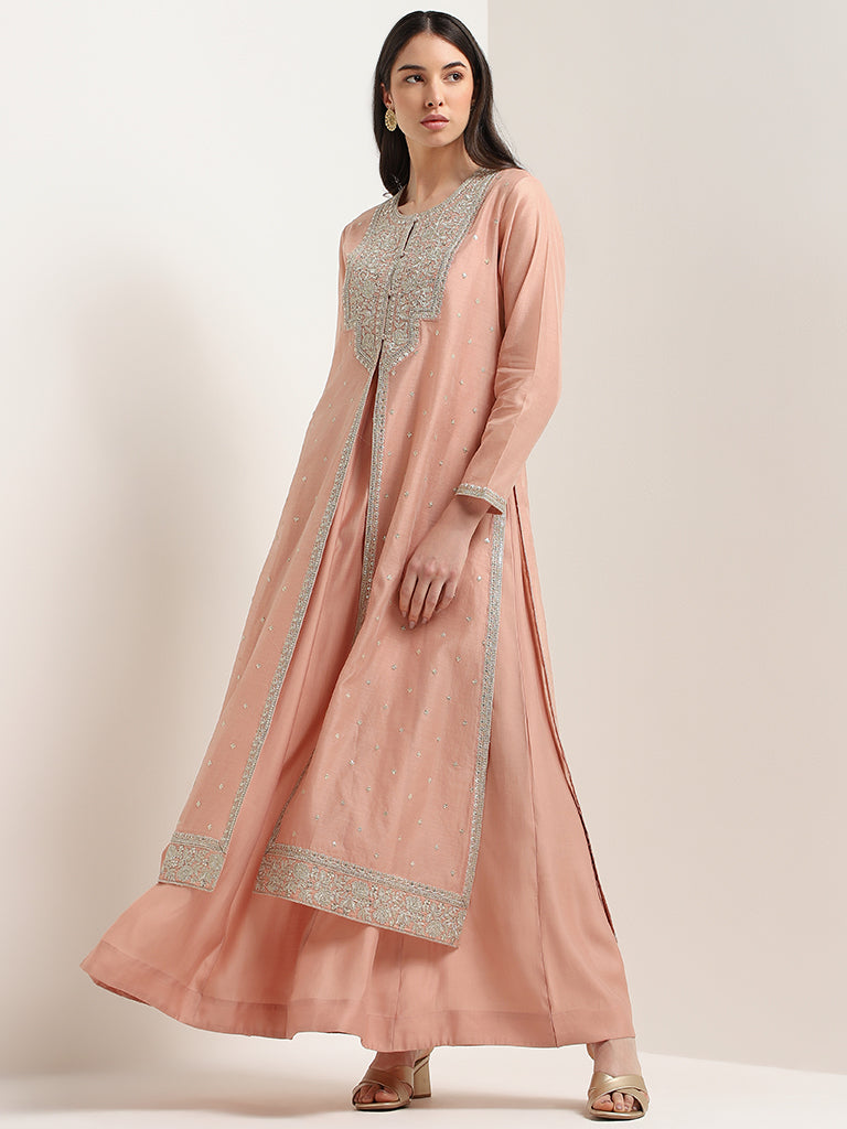 Vark Peach Embroidered Kurta, Inner & Pants Set