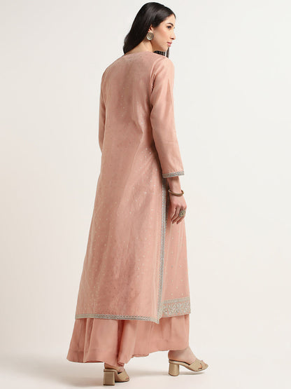 Vark Peach Embroidered Kurta, Inner & Pants Set