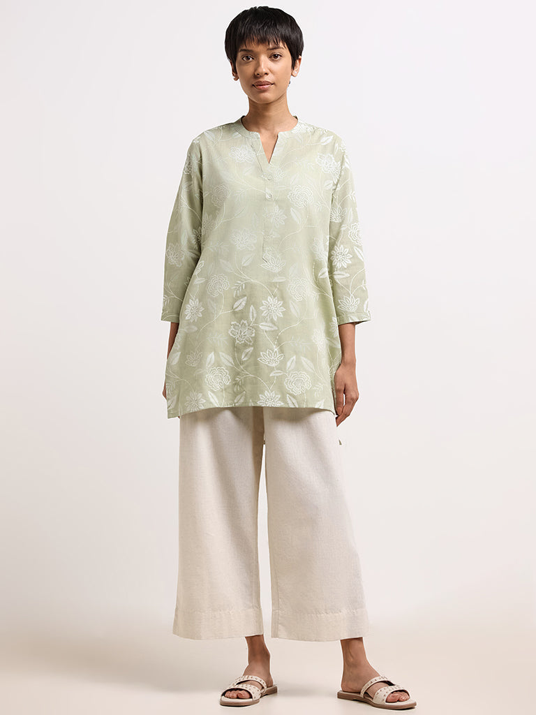 Utsa Green Floral-Print Cotton Kurti