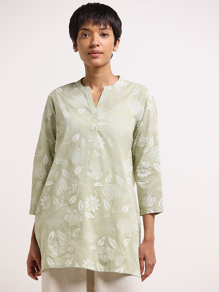 Utsa Green Floral-Print Cotton Kurti