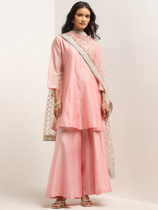 Vark Pink Printed A-Line Kurti, Palazzos & Dupatta Set