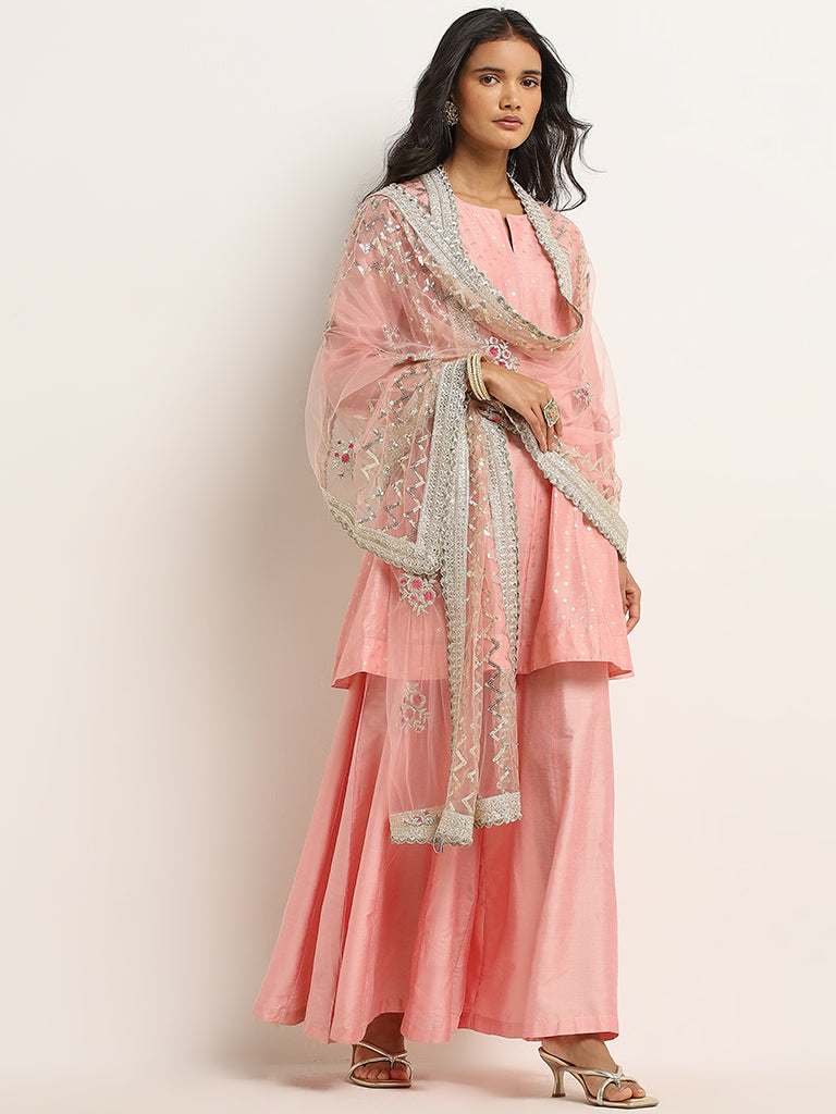 Vark Pink Printed A-Line Kurti, Palazzos & Dupatta Set