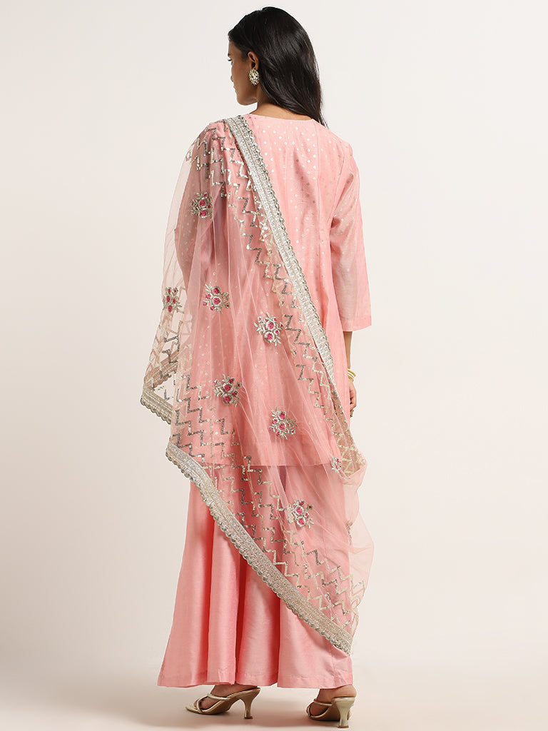 Vark Pink Printed A-Line Kurti, Palazzos & Dupatta Set