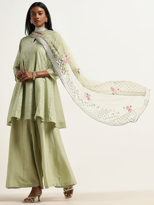 Vark Sage A-Line Kurti, Mid-Rise Palazzos & Dupatta Set