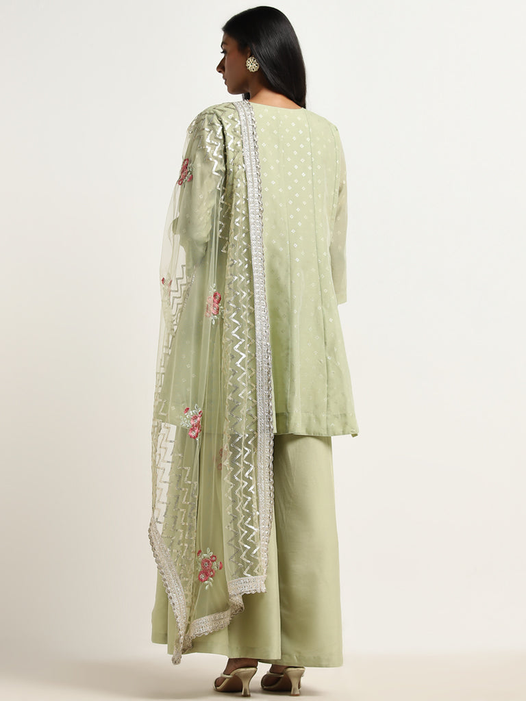 Vark Sage A-Line Kurti, Mid-Rise Palazzos & Dupatta Set