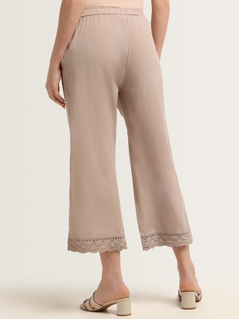 Utsa Beige Schiffli Lace Insert Palazzos