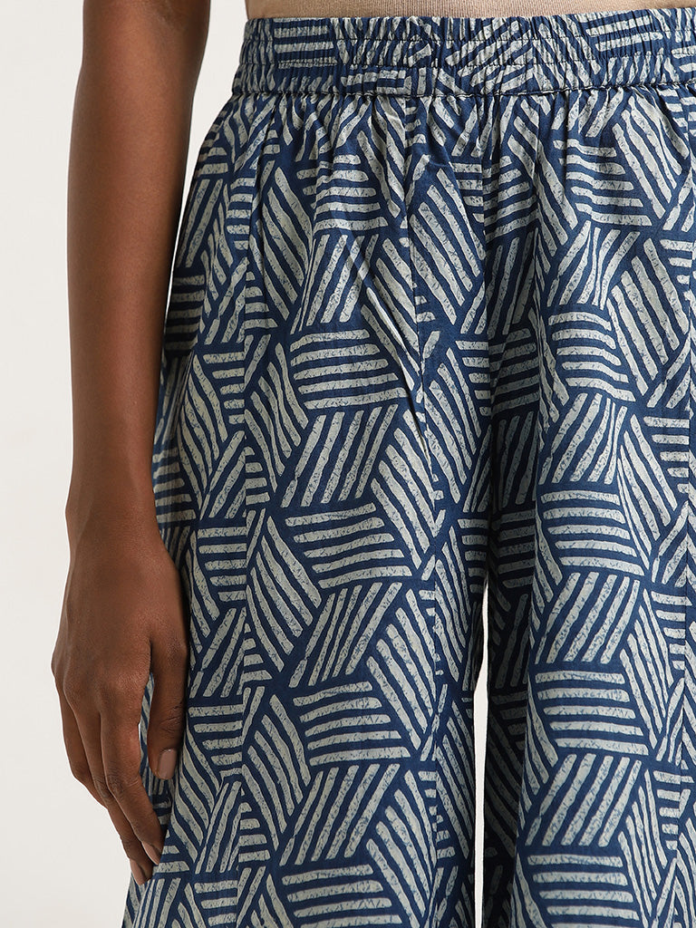 Utsa Indigo Geometric Print Cotton High-Rise Palazzos