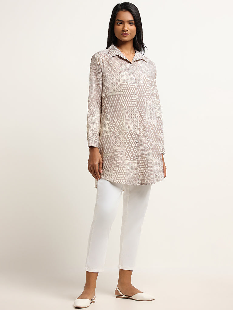 Utsa Beige Printed Patchwork Cotton Tunic