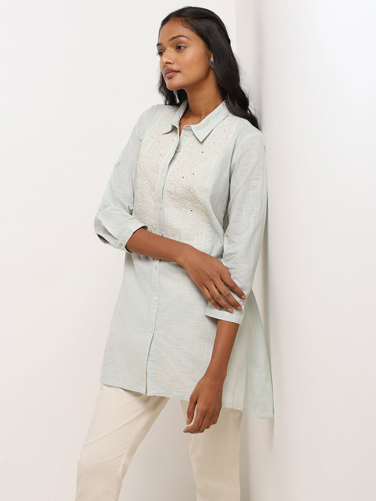 Utsa Light Blue Embroidered Cotton Tunic