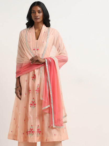 Vark Peach Floral Embroidered Kurta, Palazzos & Dupatta Set