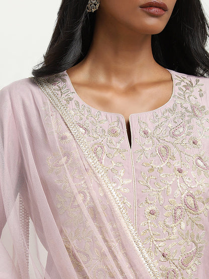 Vark Lilac Floral Embroidered A-Line Kurti, Palazzos & Dupatta Set