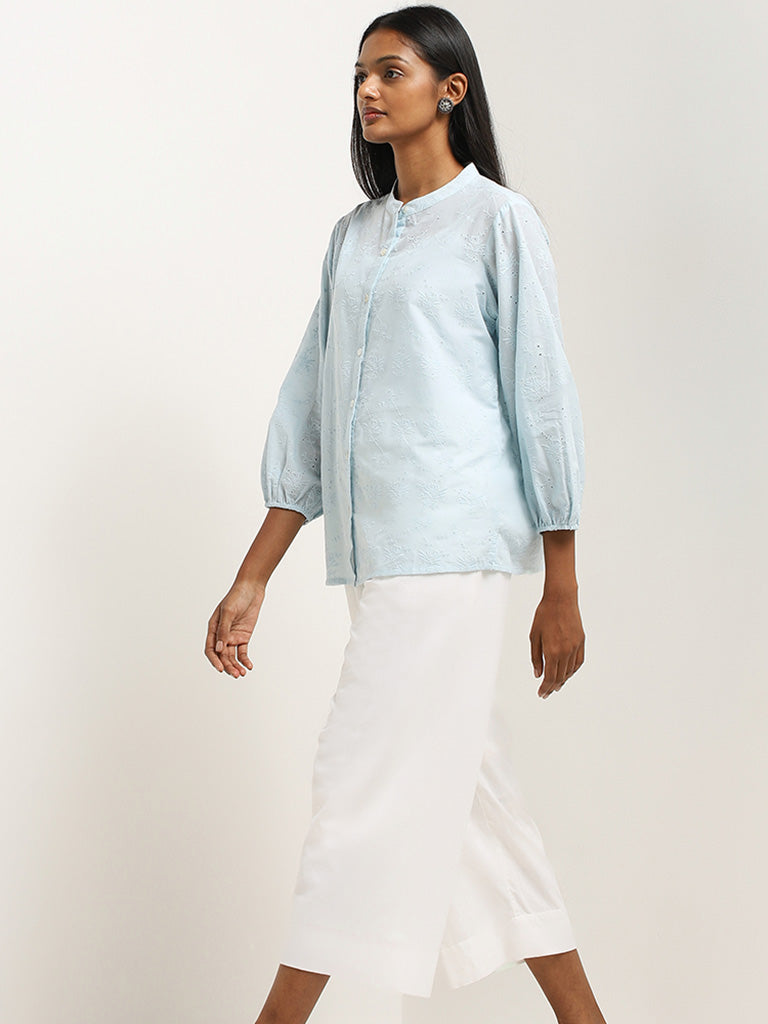 Utsa Light Blue Schiffli Design Cotton Straight Tunic