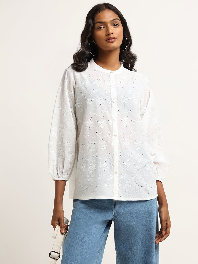 Utsa White Button Down Schiffli Cotton Tunic