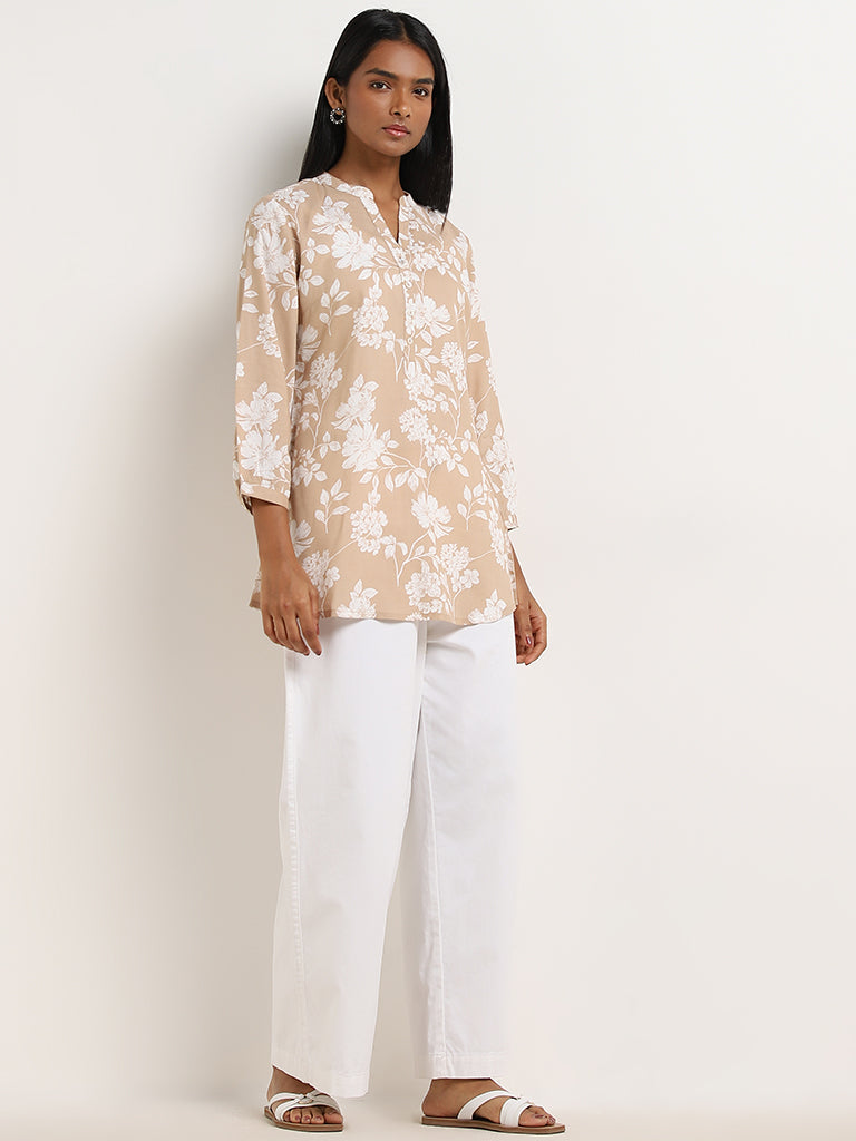 Utsa Light Brown Floral Printed Straight Cotton Kurti