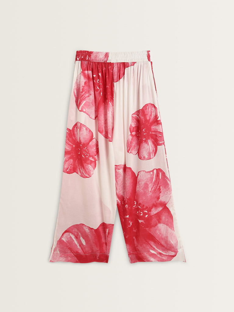 Diza Red Floral Printed High-Rise Palazzos