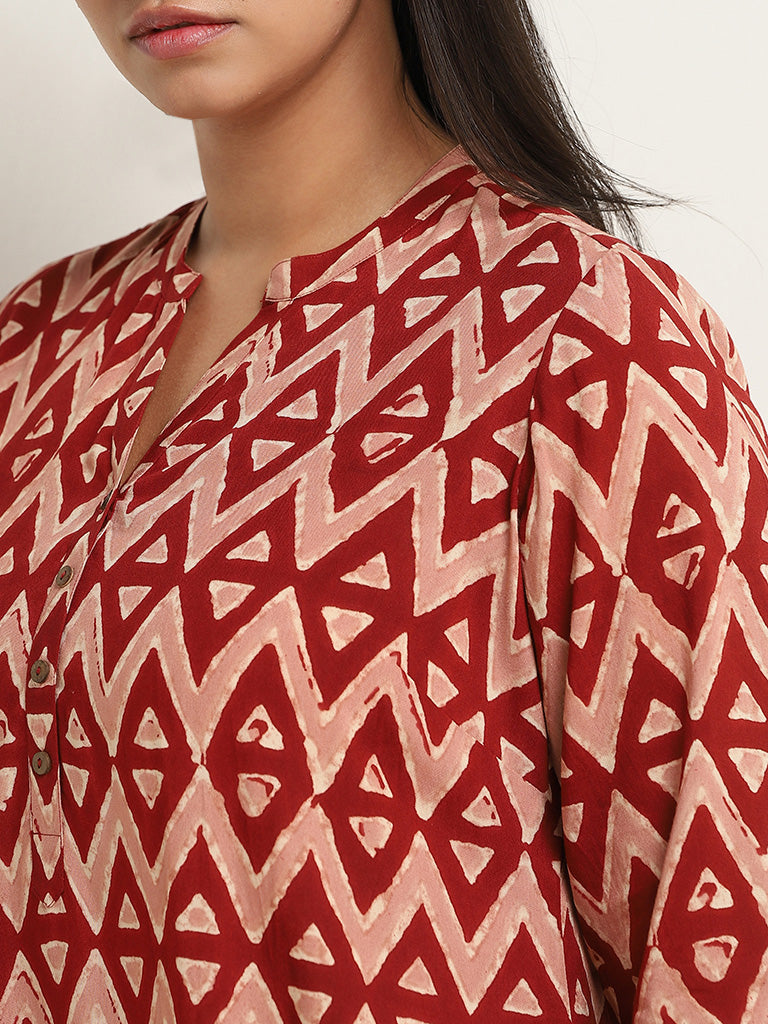 Diza Maroon Geometric Ikat Printed Straight Kurti