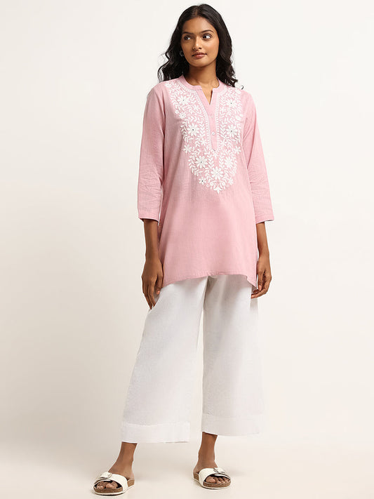 Utsa Pink Floral Embroidered Cotton Kurti