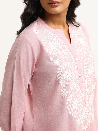 Utsa Pink Floral Embroidered Cotton Kurti