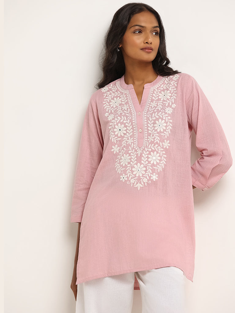 Utsa Pink Floral Embroidered Cotton Kurti