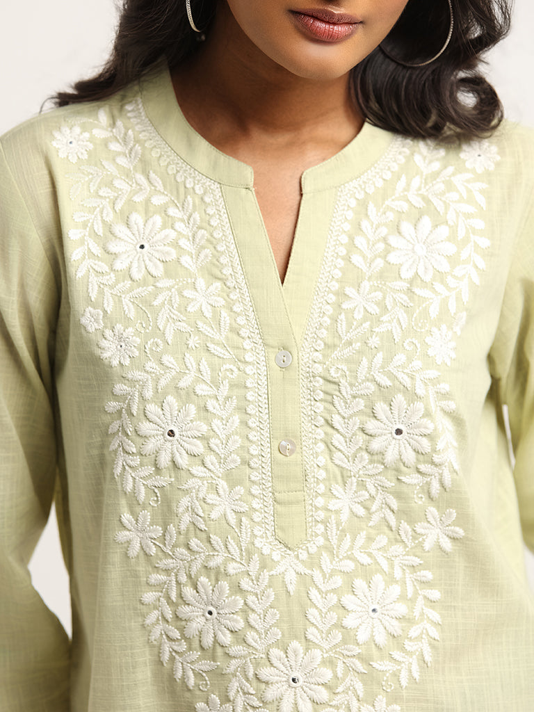 Utsa Green Floral Linen Chikankari Kurti