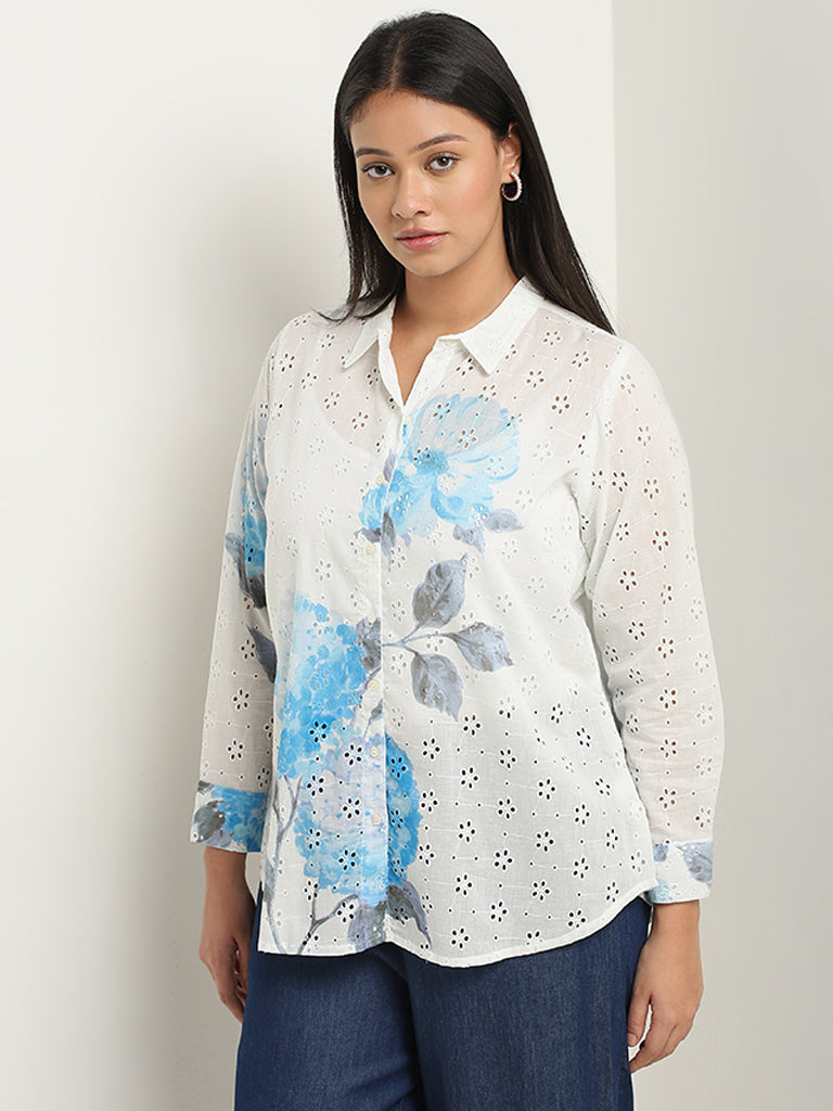 Diza Blue Floral Schiffli Design Straight Cotton Tunic