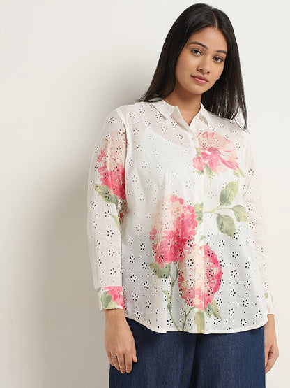 Diza Pink Floral Schiffli Design Straight Cotton Tunic