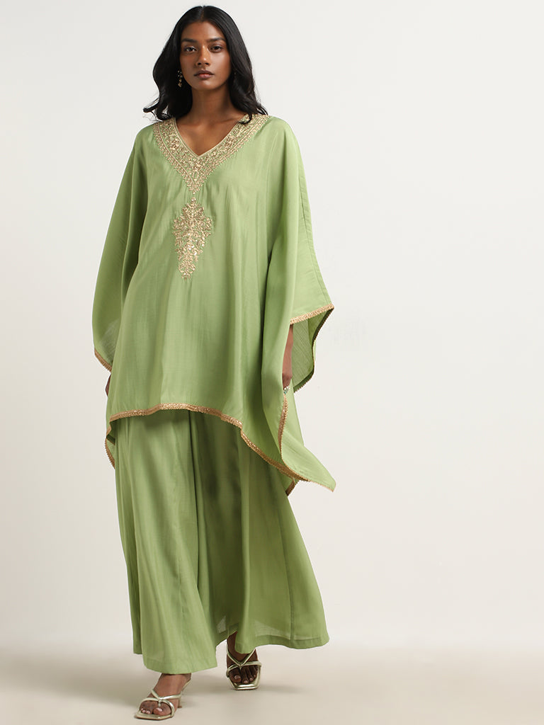 Vark Green Embellished Kaftan with Mid-Rise Palazzos Set