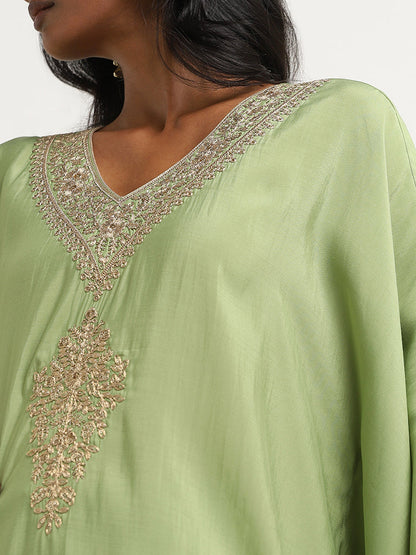 Vark Green Embellished Kaftan with Mid-Rise Palazzos Set