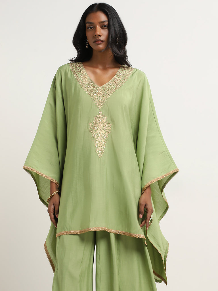 Vark Green Embellished Kaftan with Mid-Rise Palazzos Set