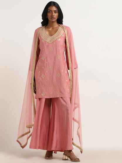 Vark Dusty Pink Embellished Kurti, Palazzos and Dupatta Set