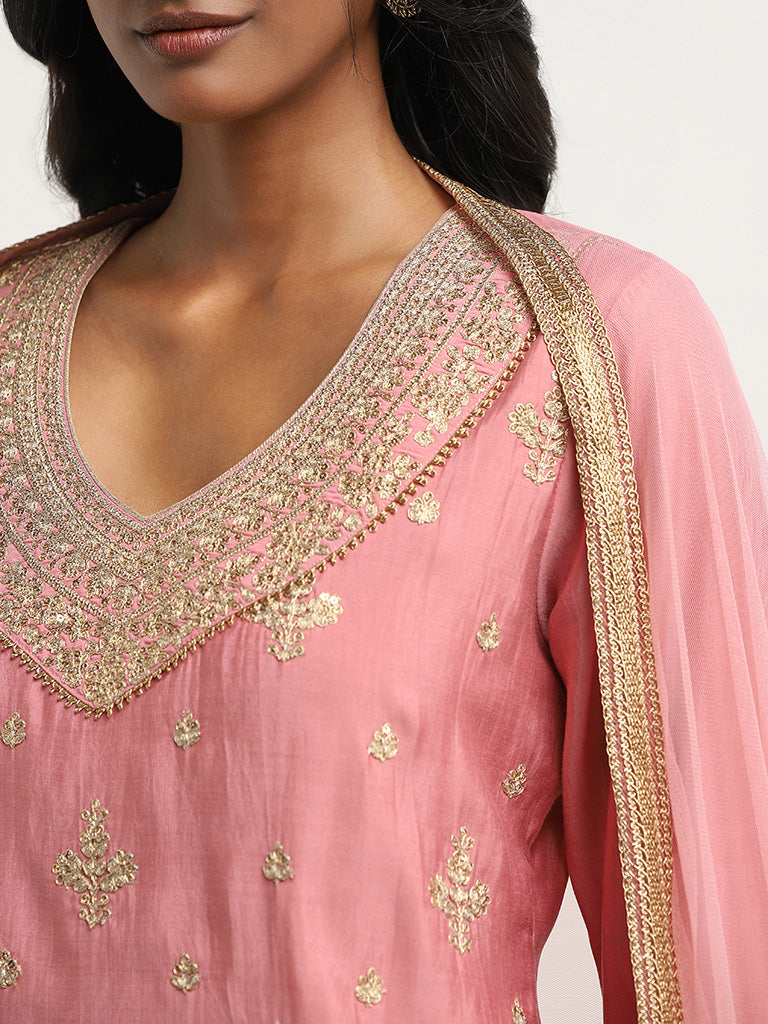 Vark Dusty Pink Embellished Kurti, Palazzos and Dupatta Set