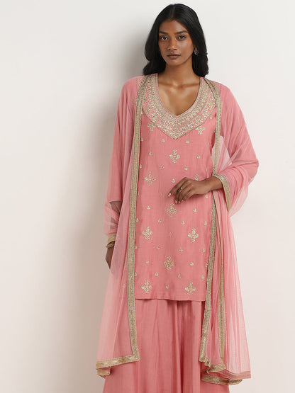 Vark Dusty Pink Embellished Kurti, Palazzos and Dupatta Set