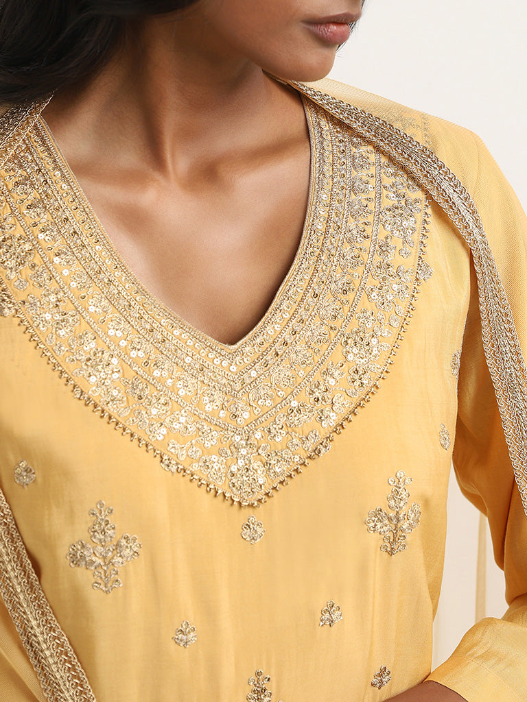 Vark Yellow Embellished Kurti, Palazzos and Dupatta Set