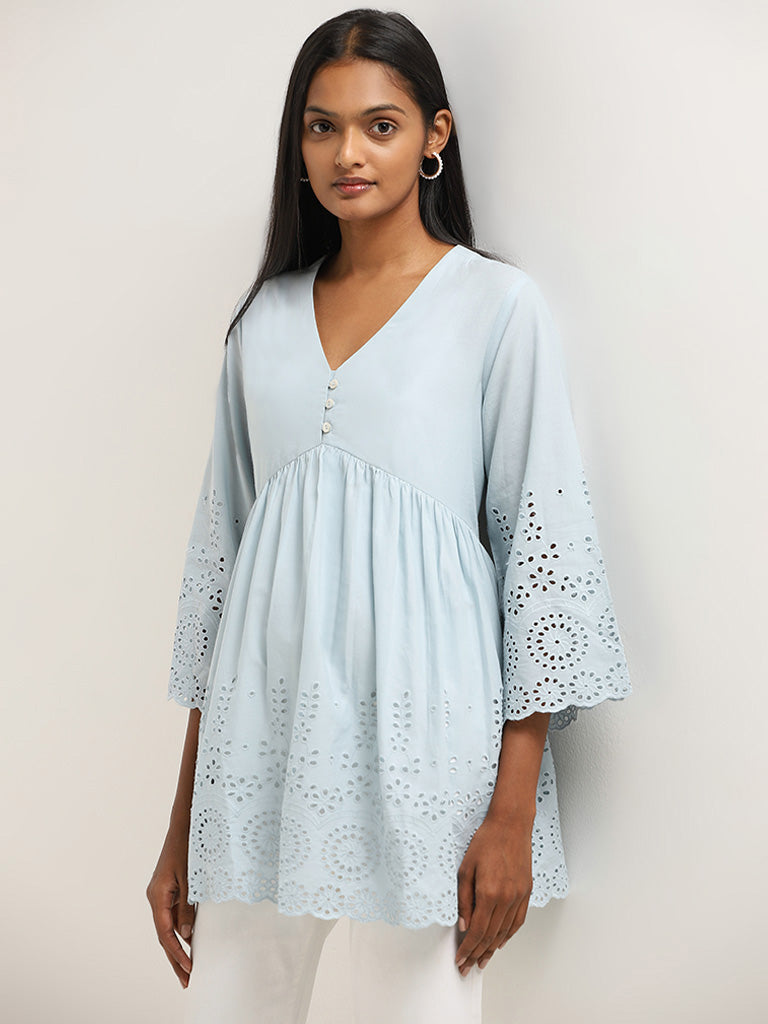 Utsa Blue Schiffli Design Cotton Fit and Flare Kurti