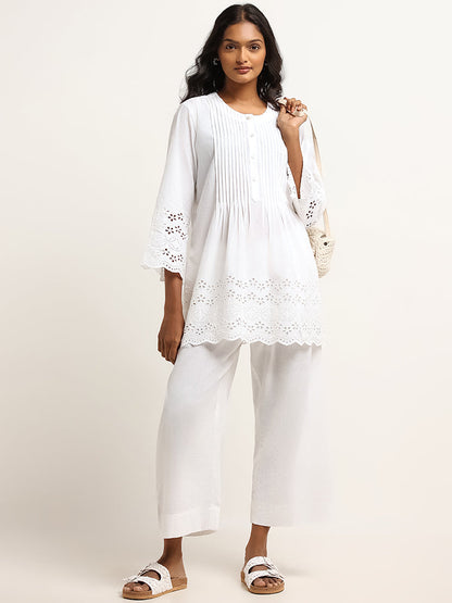 Utsa White Schiffli Cotton Pintuck Kurti