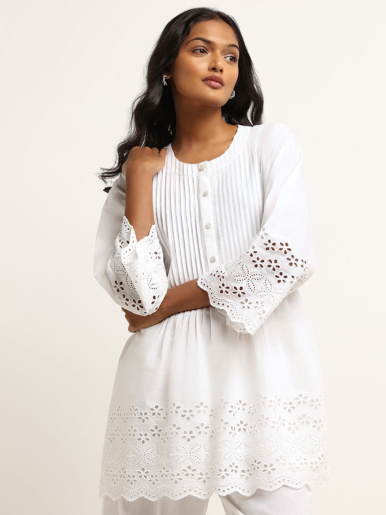 Utsa White Schiffli Cotton Pintuck Kurti