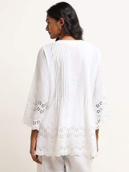 Utsa White Schiffli Cotton Pintuck Kurti