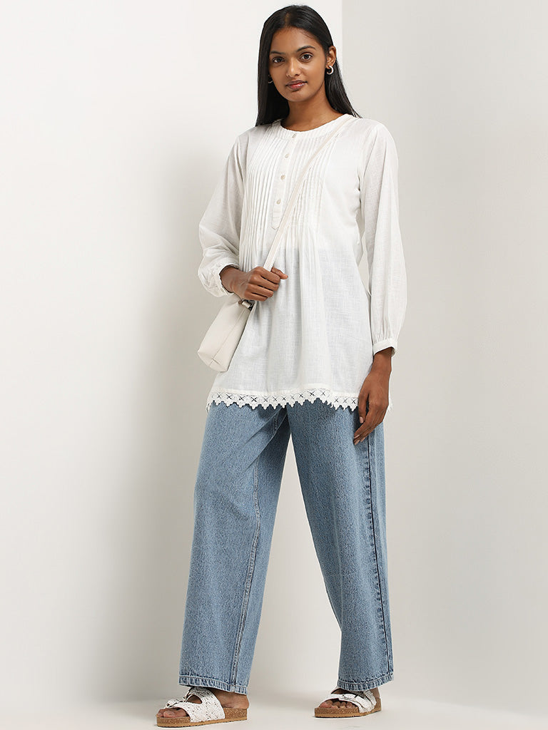 Utsa White Pintuck Detailed A-Line Cotton Tunic