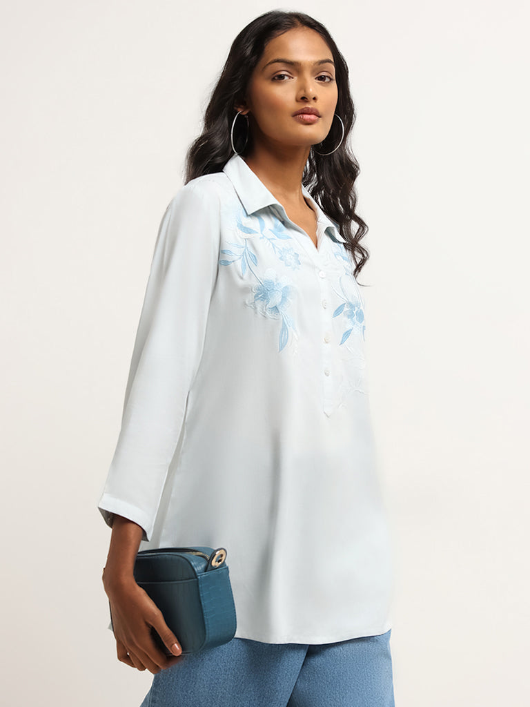 Utsa Blue Floral Embroidered Kurti