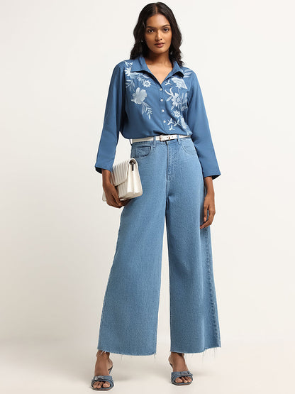 Utsa Blue Floral Embroidered Kurti