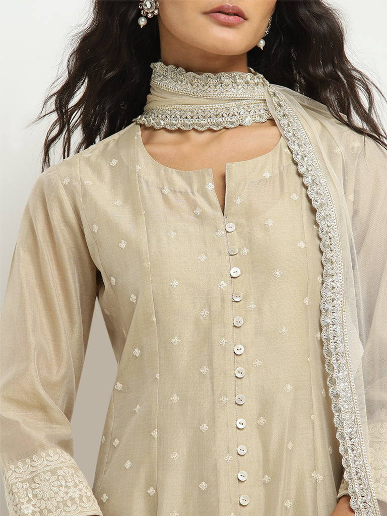 Vark Beige Embroidered A-Line Kurta, Pants and Dupatta Set