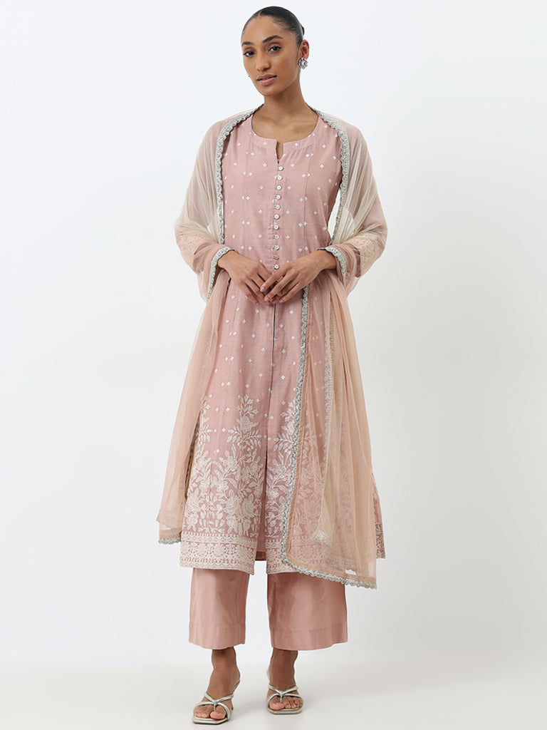 Vark Blush Pink Embroidered Kurta, Pants and Dupatta Set