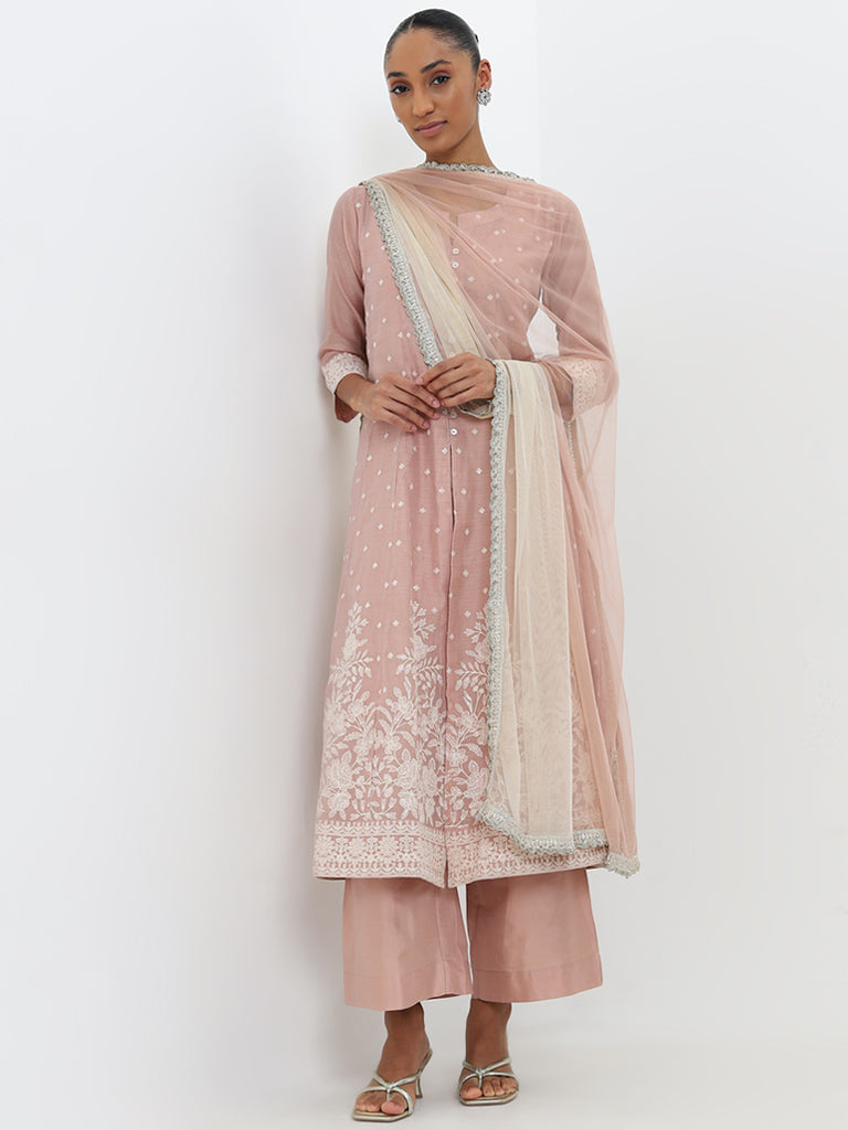 Vark Blush Pink Embroidered Kurta, Pants and Dupatta Set