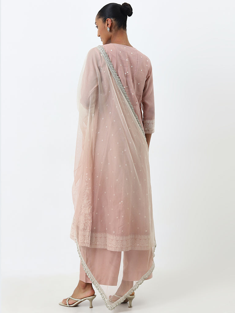 Vark Blush Pink Embroidered Kurta, Pants and Dupatta Set