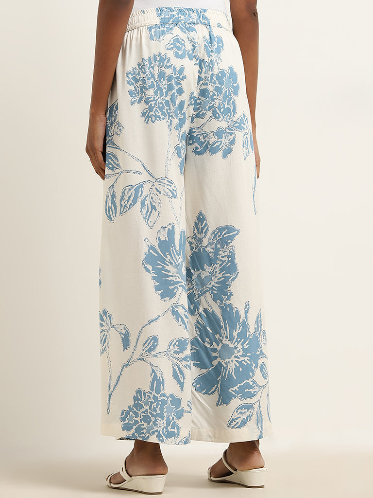 Utsa Blue Botanical Printed High-Rise Palazzos