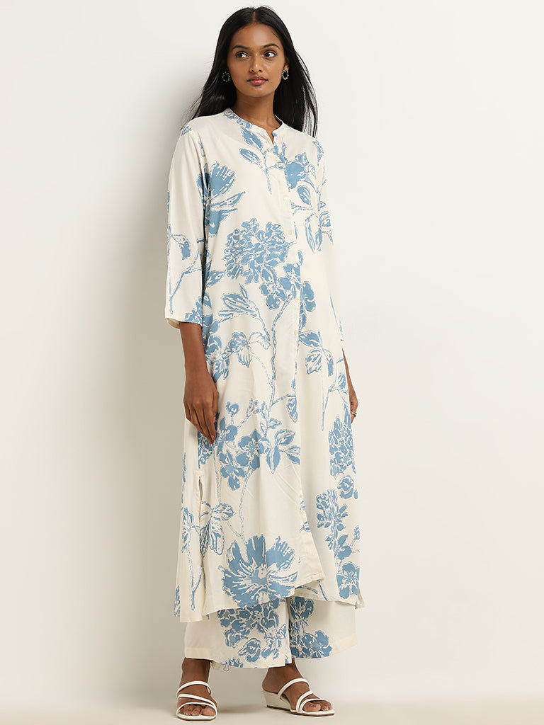 Utsa Blue Botanical Printed High-Rise Palazzos