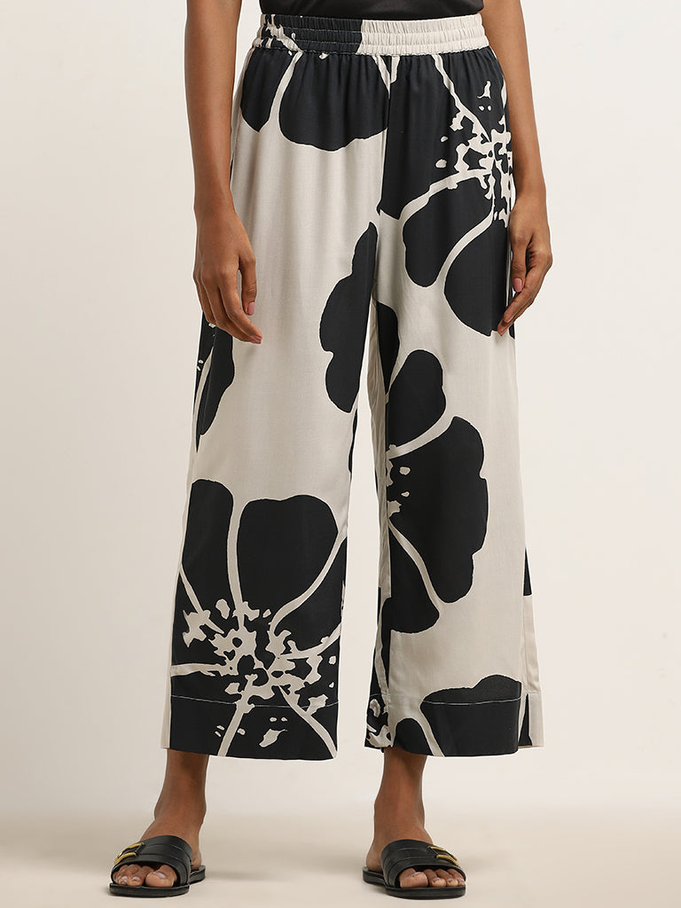 Utsa Black Floral Printed High-Rise Palazzos