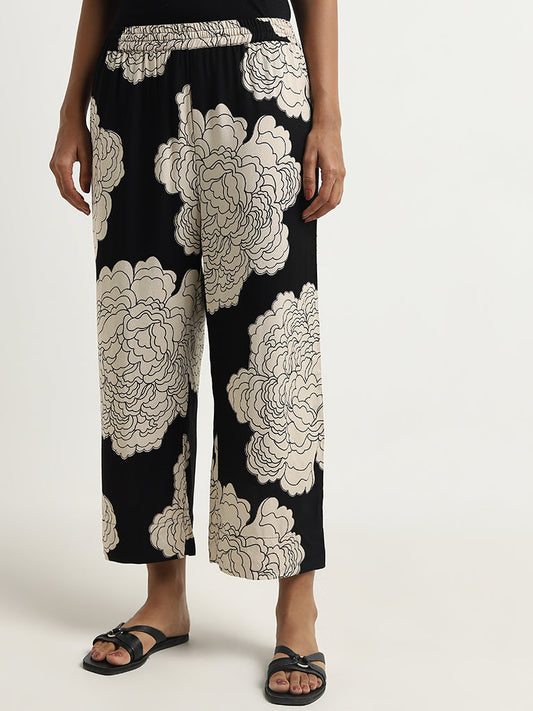 Utsa Black Floral Printed High-Rise Palazzos