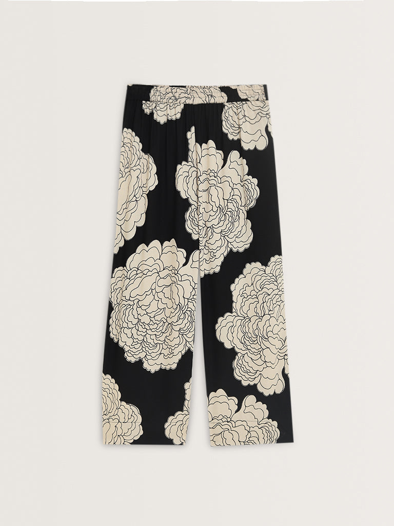 Utsa Black Floral Printed High-Rise Palazzos