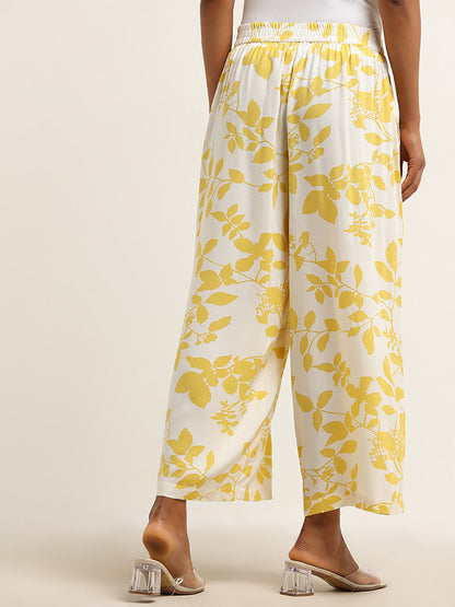 Utsa Yellow Leaf Printed Mid Rise Palazzos